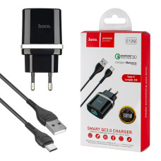 Зарядное устройство HOCO C12Q Smart, QC3.0, 18W, Black (Type-C Set) (66931474716293)