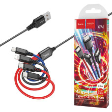 Кабель HOCO X76 USB to MicroUSB, Lightning, Type-C*(2), nylon, aluminum connectors, Black+Red+Blue (2A 1м)