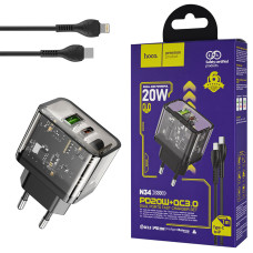 Зарядное устройство HOCO N34 Dazzling (dual-port) PD20W+QC3.0, Type-C to iP, Black (6931474799173)