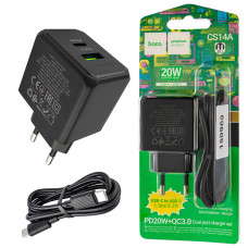 Зарядное устройство HOCO CS14A Ocean, PD20W+QC3.0, Type-C to Type-C, Black (6942007603911)